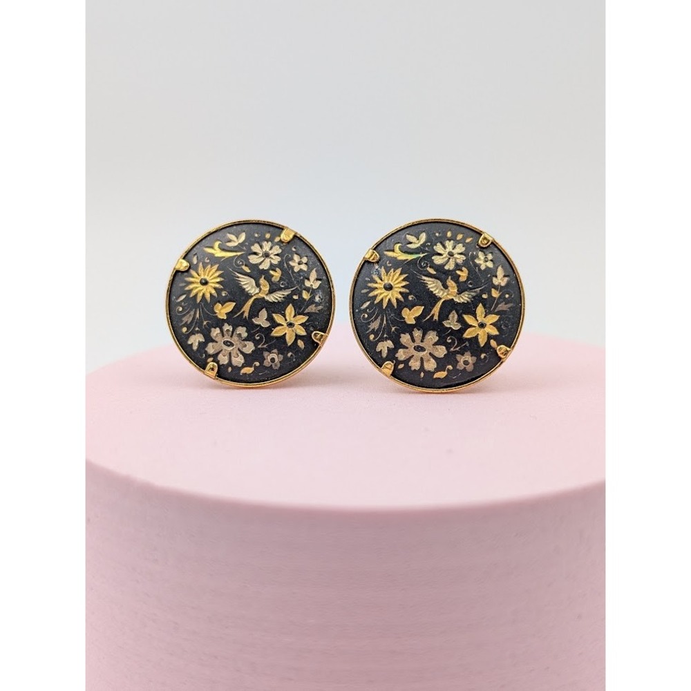 Vintage Damascene Bird Floral Clip On Earrings Black Gold Tone